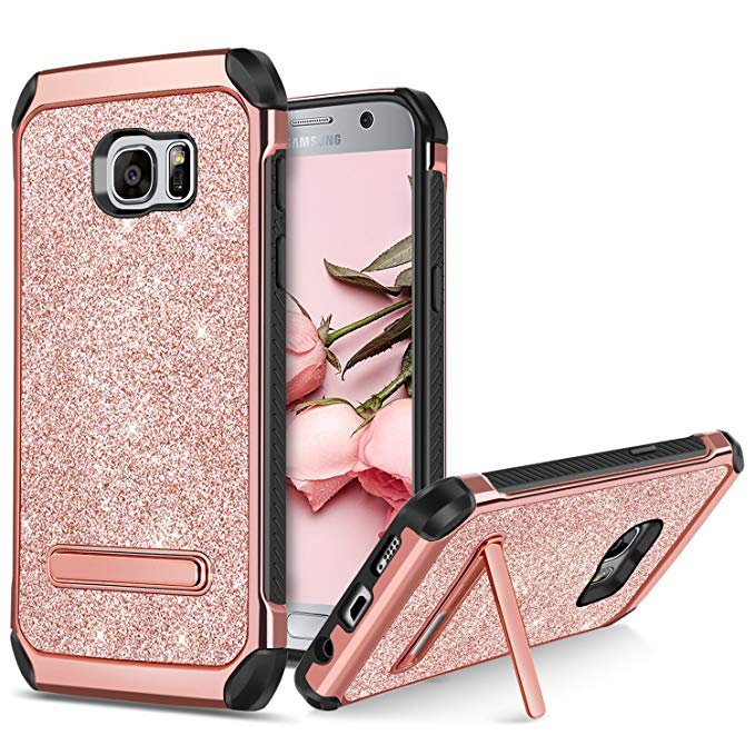 Samsung Galaxy S7 Case, BENTOBEN Glitter Sparkly Shiny Shockproof 2 in 1 Hybrid Hard PC Cover Soft TPU Bumper Heavy Duty Rugged Protective Phone Case with Kickstand for Samsung Galaxy S7, Rose Gold