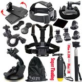 Black Pro 15-in-1 Basic Common Outdoor Sports Kit for All Gopro Hero4 Silver Black Hero 4 3 3 2 in Parachuting Swimming Rowing Skiing Climbing Bike Riding Camping Diving Outing Any Other Outdoor Sports Chest Belt Strap Mount Extendable Handle Monopod  Car Suction Cup Mount Holder  Floating Handle Grip  2 PCS Tripod Mount Adapter  Bike Handlebar Mount Holder  Rotating Adjustable Wrist Mountblack Pro Cleaning Clothblack Pro Lanyard2 PCS Gopro Surface J-hook 360 Rotary Clip Mounthead Belt Strap Mountbig Pouch