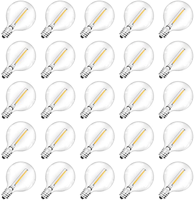 25 Pack G40 LED Replacement Bulbs, 0.6 Watt, Warm White, Candelabra Screw Base, Fits E12 and C7 Sockets for G40 Globe String Lights, Clear Glass Bulbs for Indoor Outdoor Use