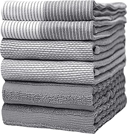 Premium Kitchen Towels (20”x 28”, 6 Pack) – Large Cotton Kitchen Hand Towels – Flat & Terry Towel – Highly Absorbent Tea Towels Set with Hanging Loop – Grey