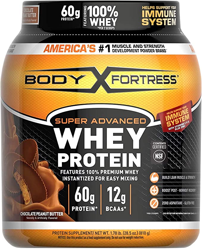 Body Fortress Super Advanced Whey Protein Powder, Chocolate Peanut Butter, Immune Support (1), Vitamins C & D Plus Zinc, 1.78 lbs