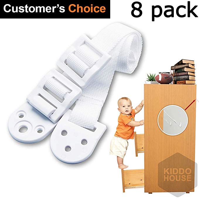 Kiddo House Anchors for Baby Proofing-8 Pack-Anti Tip Kit Protect Children From Falling - Adjustable Straps - For Dressers, Tv, Bookshelves And Other Furniture, White