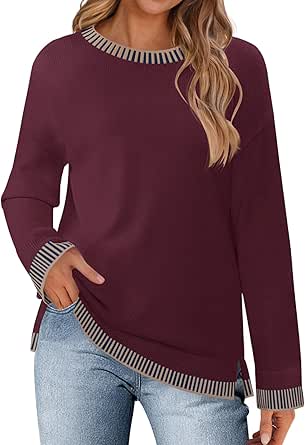 MEROKEETY Womens 2024 Fall Long Sleeve Sweaters Crewneck Color Block Loose Knit Casual Pullover Tops