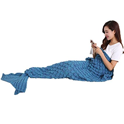 Mermaid Tail Blanket for Kids and Adults , Masall Hand Crochet Knitted Snuggle Fish Scale Warm Sleeping Bag, All Seasons Soft Novelty Sofa Throw (Fish scale Blue)