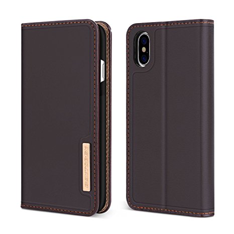 iPhone X Case, iPhone X Wallet Case, BENTOBEN Genuine Leather Folio Flip Magnetic Slim Kickstand Case with Credit Card Slots Cash Area, Business Protective Phone Case for iPhone X / 10 Edition, Brown