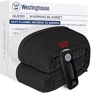 Westinghouse Electric Blanket Queen Size, Heated Blanket with Wireless Control, 10 Heating Levels, 1 to 12 Hours Time Settings, Flannel to Sherpa Heating Blanket, Machine Washable Charcol, 84" x 90"