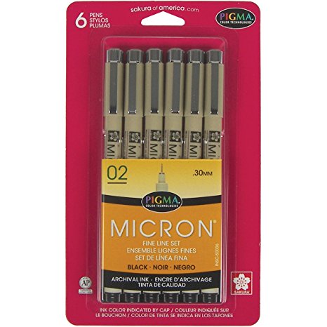 Sakura 50036 6-Piece Pigma Micron-02 Ink Pen Set, 0.30mm, Black