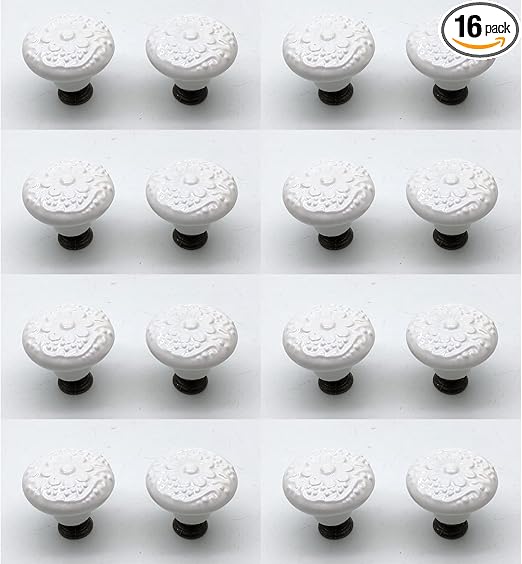 Ceramic Knobs,16pcs, Decorative Cabinet Knobs 1.3" Dia. White with Mounting Screws Dresser Drawer Knobs Carved Knobs for Cabinets