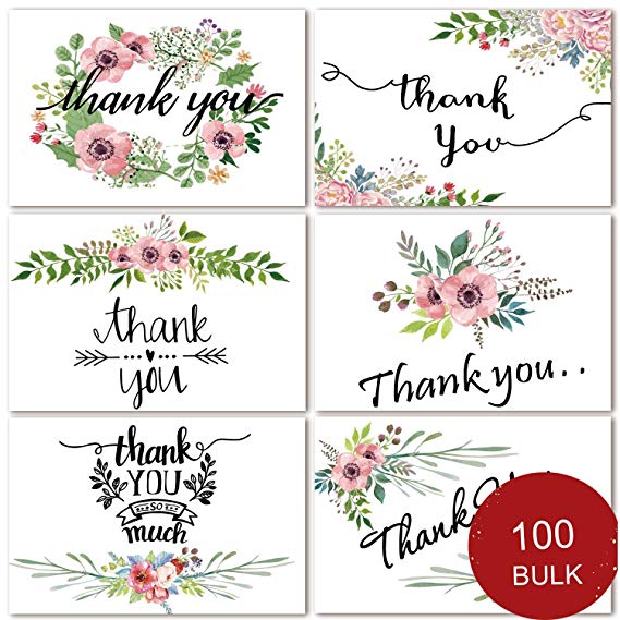 100 Bulk Thank You Cards Floral Flower Thank You Notes for Wedding, Baby Shower, Bridal Shower, Business, Anniversary, 6 Design 4 x 6 inch Blank Thank U Cards with Adhesive Brown Craft Envelopes
