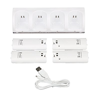 Sminiker Professional 4 in1 Wii Remote Charger Charging Station with 4 Rechargeable Batteries & LED Light for Wii Remote Controller