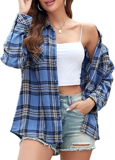 Deer Lady Plaid Flannel Shirts for Women Buffalo Plaid Shirts Oversized Long Sleeve Casual Button Down Blouse Top