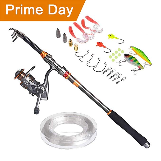 PLUSINNO Fishing Rod and Reel Combos FULL Kit,Carbon Telescopic Fishing Rod Pole with Spinning Reel for Travel Saltwater Freshwater Fishing Rod Kit