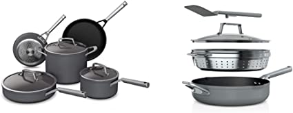 Ninja C38000 Foodi NeverStick Premium 8-Piece Cookware Set, Slate Grey & CW102GY Foodi NeverStick PossiblePan, Premium Set with 4-Quart Capacity Pan, Steamer/Strainer Basket, Sea Salt Grey