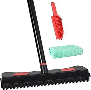 Rubber Broom for Carpet, Pet Hair Removal Broom with Squeegee for Floor, Carpet Broom Includes Rubber Brush and Microfiber Cloth for Dog and Cat Hair - Black and Red