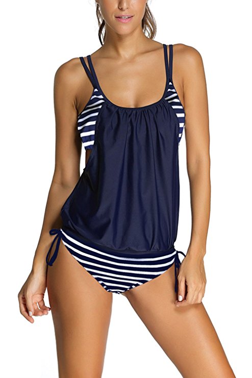 Dokotoo Womens Stripes Lined Up Double Up Tankini Top Sets Swimwear