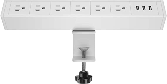 CCCEI Metal 6 Outlet Desk Clamp Power Strip, 380J Surge Protector Large Desktop Mount Outlet with 3 USB Ports, Fit 1.8 inch Tabletop Edge Thick. 10 FT Power Cord.