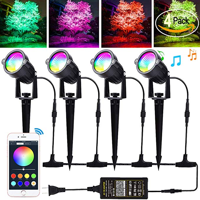 Autai Led Landscape Lighting 12W RGB Color Changing Bluetooth App Controlled 24V low voltage landscape lights With Transformer，IP66 Waterproof Outdoor Spotlights for Trees/Pathway/Garden Lights(4Pack)
