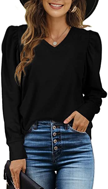 Sieanear Women's Puff Long-Sleeve V-Neck Sweater Casual Tunic Tops