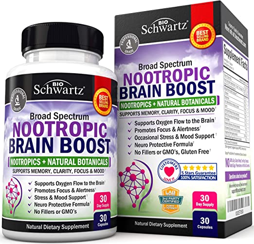 Nootropic Brain Boost Supplement with Bacopa, Lions Mane & Taurine - for Memory, Clarity, Stress & Mood Support - Promotes Alertness & Focus - Broad Spectrum Formula -30 Capsules