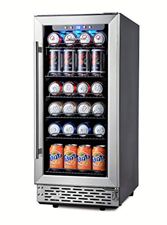 Phiestina 15 Inch Beverage Cooler Refrigerator - 96 Can Built-in or Free Standing Beverage Fridge with Glass Door for Soda Beer or Wine - Compact Drink Fridge For Home Bar or Office