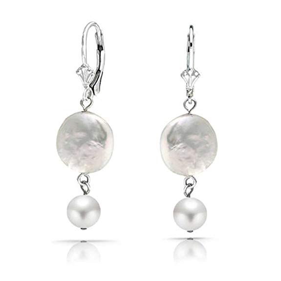 Bridal White Coin Biwa Cultured Pearl Leverback Dangle Earrings For Women 925 Sterling Silver
