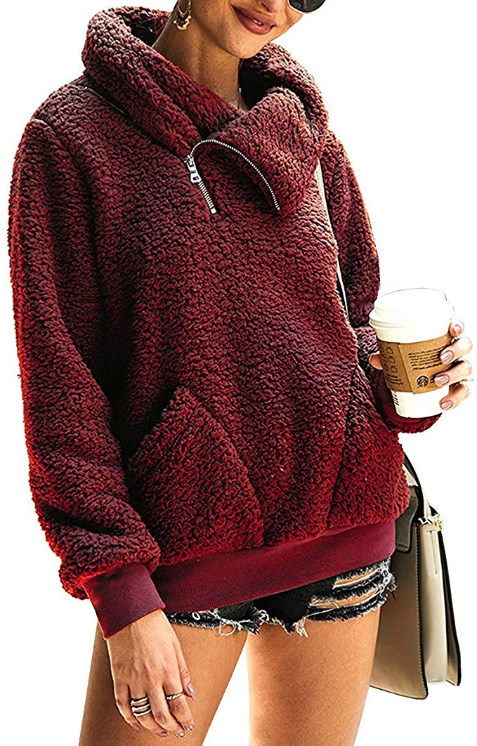 Gemijack Women Winter Zip-up Sherpa Pullover Pocket Chunky Fleece Jackets Fashion Outerwear Sweater Sweatshirts