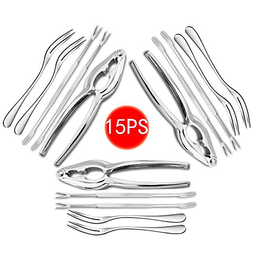15PCS Seafood Tools Set, Stainless Steel 3 Lobster/Crab/Nut Crackers Opener 6 Seafood Forks 6 Fruit Forks