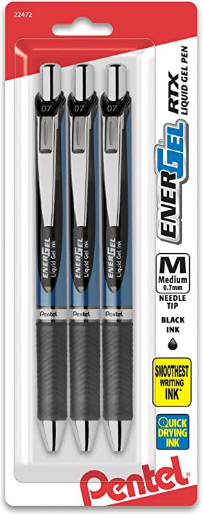 Pentel Gel Ink Pen, EnerGel RTX Retractable Gel Pen, 0.7mm, Needle Tip, Black Ink, 3 Pack (BLN77BP3A)