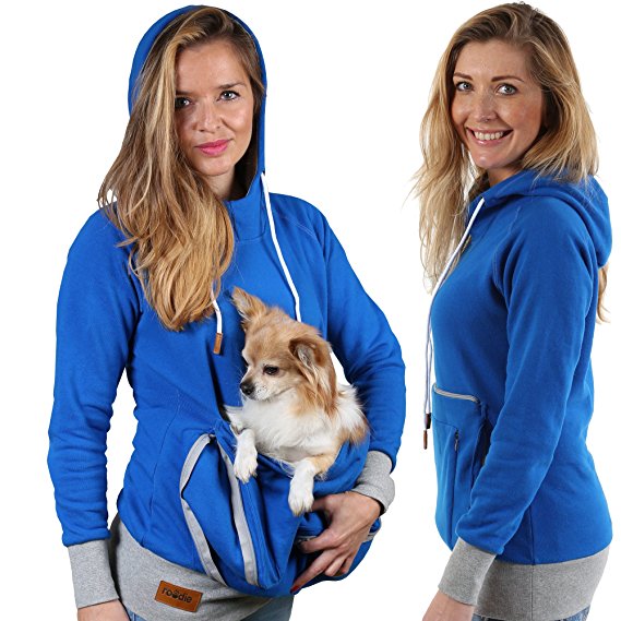 Roodie - Dog, Cat, Small Pet Carrier Hoodie - Women's Fit - Blue with Gray Trim