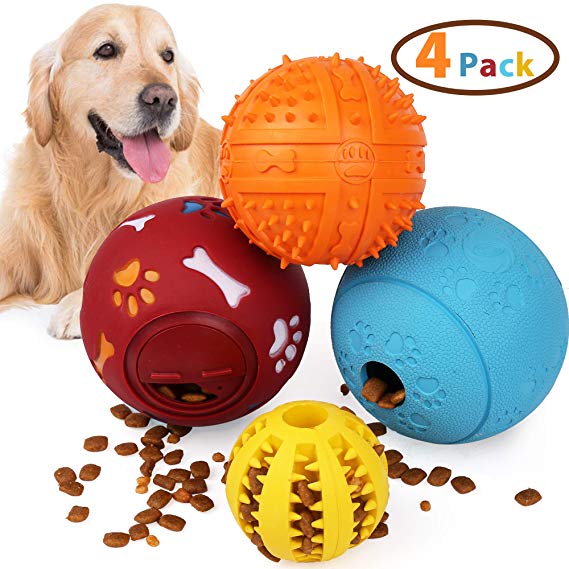 PrimePets 4 Pcs Dog Treat Ball, Interactive Food Dispensing Dog Toys, IQ Treat Ball Toys, Non-Toxic Natural Rubber Dog Chew Tooth Cleaning Toys, Increases IQ and Mental Stimulation