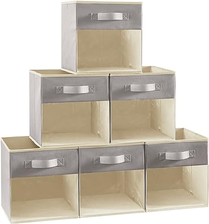 Lifewit Cube Storage Boxes Set of 6, Fabric Storage Box with a Clear Window and Handles, Foldable Storage Cubes Clothes Organiser for Wardrobe, Closet, Shelves, Medium, Light Grey