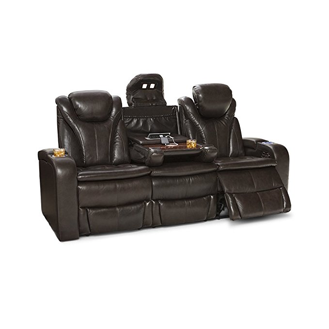 Barcalounger Colima Leather Home Theater Seating Power Recline Multimedia Sofa with Fold-Down Table (Brown)