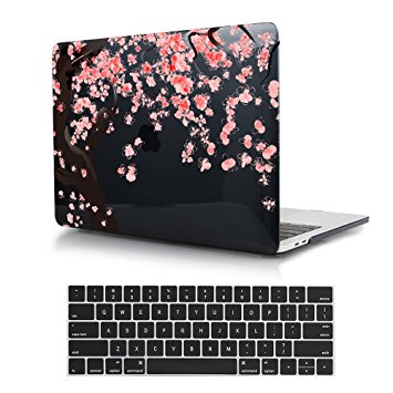 Dongke Newest MacBook Pro 13 Case with Black Keyboard Cover Unique Crystal Hard Sleeve for 13 inch MacBook Pro with/without Touch Bar Model:A1706/A1708 (2017 & 2016 Release) (Cherry blossoms)