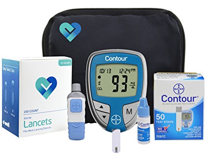OWell Bayer Contour Complete Diabetes Blood Glucose Testing Kit, METER, 50 Test Strips, 50 Lancets, Lancing Device, Control Solution, Manual, Log Book & Carry Case