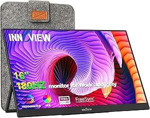 InnoView 16" Portable Monitor 180Hz 100% sRGB 180° Kickstand OD Gameplus Portable Gaming Monitor IPS w/Sleeve Type-C Mini HDMI FHD External Second Screen for Laptop PC Mac PS4/5 Switch Travel Work