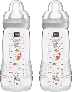 MAM Easy Active Lot de 2 biberons (330 ml) avec tétine MAM Taille 2 en silicone SkinSoft, bouteille de lait avec forme ergonomique, 4 mois et plus, espace