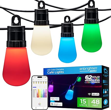 Enbrighten Smart Color Changing String Lights, 48 ft, 15 Lightweight RGB LED Patio Lights, Weatherproof, Customizable, Wi-Fi App Control, Dimmable Outdoor String Lights, 75735