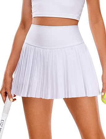 CRZ YOGA Women's High Waisted Pleated Tennis Skirts with Pockets Tummy Control Casual Liner Skorts A Line Workout Golf Skirts