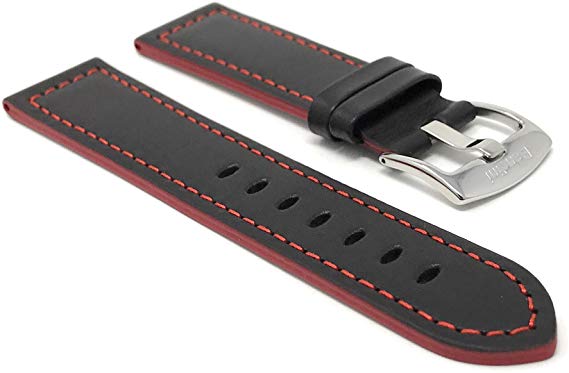 Bandini Mens Leather Watch Band Strap, Racer, Stainless Steel Buckle, Black with a Choice of 6 Different Colored Stitch (18mm, 20mm, 22mm, 24mm)