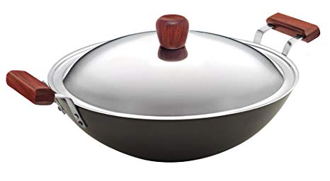 Futura L-47 Hard Anodised Flat Bottom Deep Fry Pan / Kadhai with Stainless Steel Lid, 5-Liter