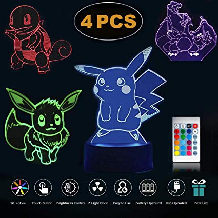 Pokemon Pikachu 3D LED Night Light - 4 Pattern&1 Base&1 Remote - 3D Optical Illusion Visual Lamp 7 Colors Touch Table Desk Lamp - 3D Lamp - Pokemon Gifts - Christmas Gifts For Kids