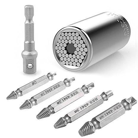 Universal Socket Damaged Screw Extractor Set, Multi-function 7mm-19mm Universal Gator Socket Adapter Wrench with 5 Pcs Damaged Screw Remover Easily Remove Stripped Or Damaged Screws