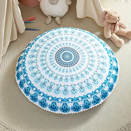 Boho Large Round Floor Pillow, Oversized Mandala Meditation Pillows for Adults, Cozy Big Seating Cushion for Kids Teepee Reading Nook Playroom, Insert with Cover, Aqua, 32 Inch Diameter
