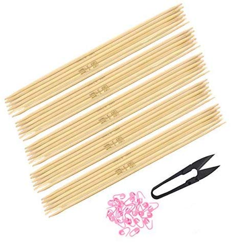 Double Point Ultra Strong Bamboo Knitting Needles Set 5" - 6 Size from 2mm - 3.25mm (5 Needles Per size) - Natural Finish - Comes w/Stitch Markers & Snip