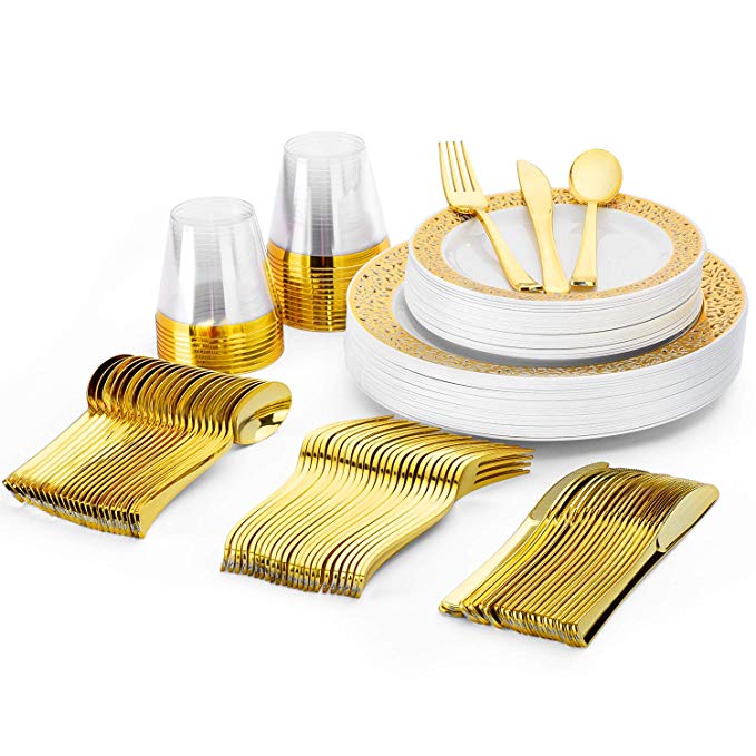 Glotoch 150 Pcs Gold Plastic Plates with Disposable Plastic Goldware, Hammered Design Plastic Dinnerware set include 25 Dinner Plates, 25 Dessert Plates, 25 Forks, 25 Knives, 25 Spoons, 25 Tumbler