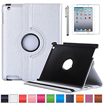 iPad 2 Case, iPad 3 Case, iPad 4 Case, AiSMei Rotating Stand Case Cover with Wake Up/Sleep For Apple iPad 2, the New iPad, iPad 4 [the 2nd,3rd,4th Gen 9.7-Inch iPad] [Bonus Film Stylus] -Silver