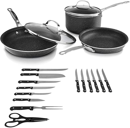 Granitestone Nonstick Cookware Set, Anodized Pots and Pans with Knife Set and Knife Block, Scratch-Resistant, Granite-coated Anodized Aluminum, Dishwasher-Safe, PFOA-Free, 19-Piece Set As Seen On TV