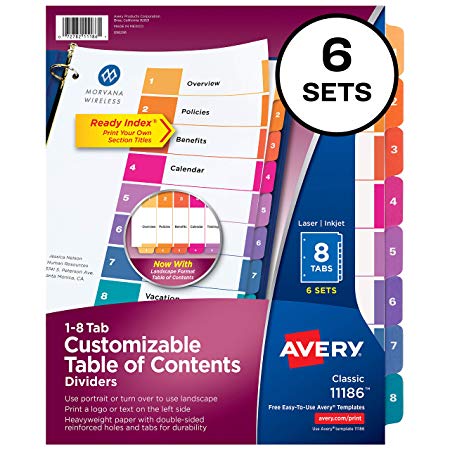 Avery 8-Tab Dividers for 3 Ring Binders, Customizable Table of Contents, Multicolor Tabs, 6 Sets (11186)