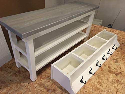 Hallway Mud Room Foyer Bench 42 Inch with Second Shoe Shelf and Matching Coat Rack Cubbie