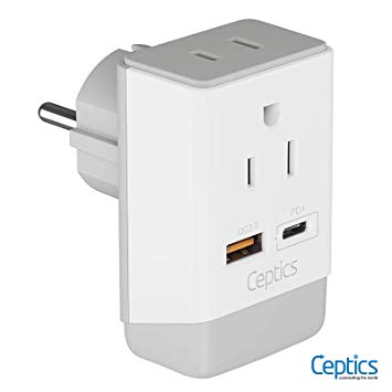 Schuko Germany Travel Plug Adapter with QC 3.0 & PD by Ceptics, Safe Dual USB & USB-C - 2 USA Socket Compact & Powerful - Use in Korea Russia France Spain Norway - Type E/F AP-9 - Fast Charging